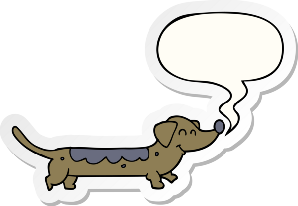 Bir insan tarafından çizilmiş konuşma balonu çıkartmalı çizgi film köpeği.