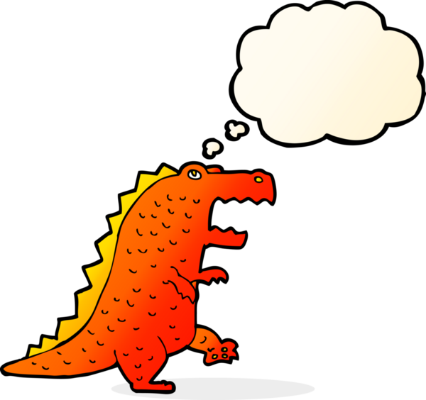 Bir insan tarafından çizilmiş düşünce baloncuklu bir dinozor.