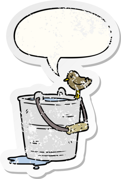 Bir karikatür kuşu konuşma baloncuğuyla su kovasına bakıyor. Bir insan tarafından çizilmiş sıkıntılı eski bir çıkartma.