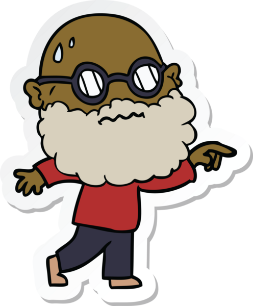 Çizgi film çıkartması sakallı ve gözlüklü endişeli bir adam bir insan tarafından çizilmiş.