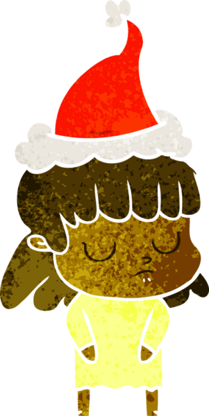 Bir insan tarafından çizilmiş Noel Baba şapkası giyen kayıtsız bir kadının el çizimi karikatürü.