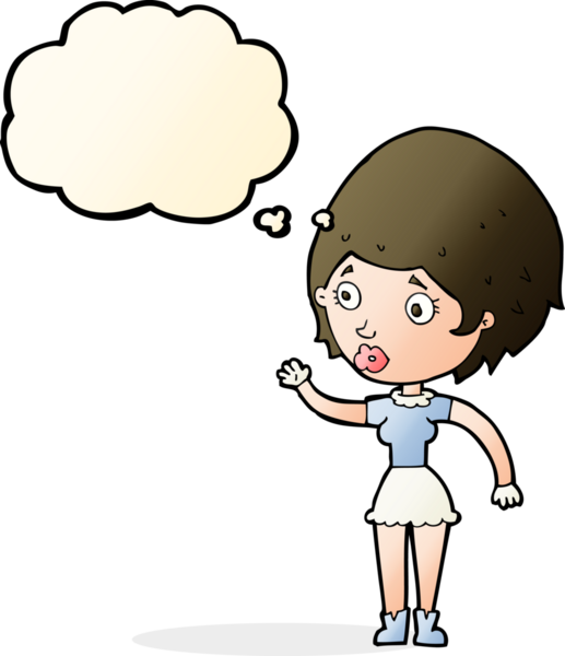 Bir insan tarafından çizilmiş düşünce baloncuğuyla el sallayan çizgi film kadını.