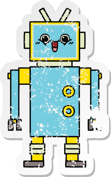 Bir insan tarafından çizilmiş sevimli bir robot çizgi film çıkartması.