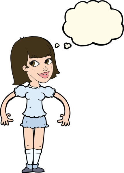 Bir insan tarafından çizilmiş düşünce baloncuğuyla omuz silken çizgi film kadını.