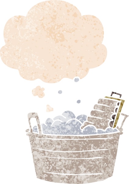 Karikatür, eski çamaşır tahtası ve kovayla grunge 'de düşünce baloncuğu bir insan tarafından çizilmiş tedirgin geçmiş dokuma tarzı.