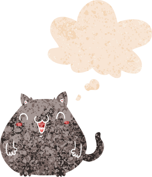 grunge 'da düşünce baloncuğu olan çizgi film kedisi bir insan tarafından çizilmiş dertli retro desenli