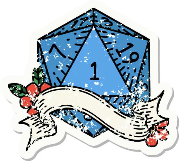 Bir insan tarafından çizilmiş doğal bir d20 zarının grunge çıkartması.