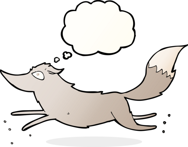 Bir insan tarafından çizilmiş düşünce baloncuğuyla koşan çizgi film kurdu.