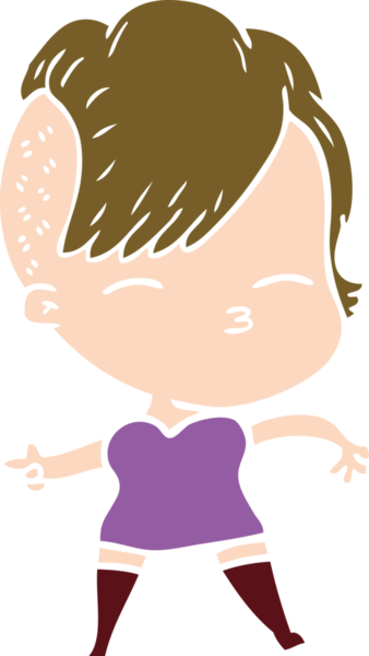 Düz renkli çizgi film çizen kız bir insan tarafından çizilmiş.