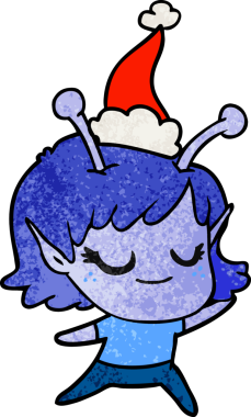 gülümseyen uzaylı kız el çizimi bir insan tarafından çizilmiş Noel Baba şapkası