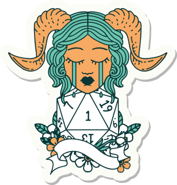 Ağlama etiketi, bir insan tarafından çizilmiş doğal bir D20 rulo ile bağlanıyor.