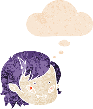 Düşünce baloncuklu çizgi vampir kız yüzü bir insan tarafından çizilmiş dertli retro stil