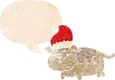 Grunge 'da konuşma baloncuğu olan sevimli noel köpeği bir insan tarafından çizilmiş kederli retro dokuma tarzı