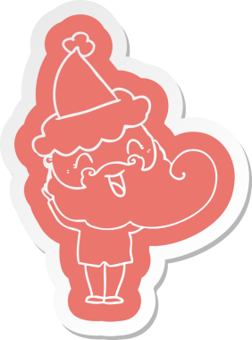 Bir insan tarafından çizilmiş Noel Baba şapkası giyen mutlu sakallı adam.