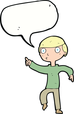 Çizgi filmci çocuk bir insan tarafından çizilmiş konuşma balonuyla işaret ediyor.