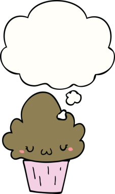 Bir insan tarafından çizilmiş, yüzü düşünce baloncuğu olan bir kek.