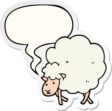 Bir insan tarafından çizilmiş konuşma balonu çıkartmalı çizgi film koyunu.