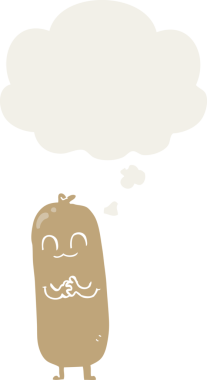 Düşünce baloncuklu çizgi film sosisi insan tarafından çizilmiş.