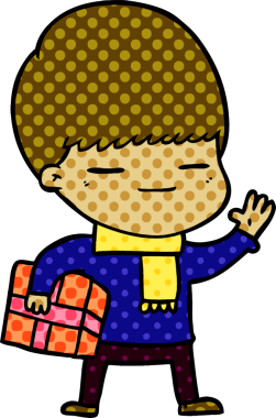 Bir insan tarafından çizilmiş bir hediye taşıyan kendini beğenmiş çocuk.