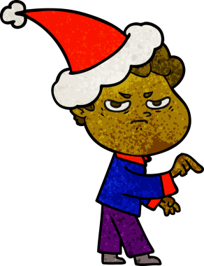 Bir insan tarafından çizilmiş Noel Baba şapkası giymiş kızgın bir adamın el çizimi karikatürü.