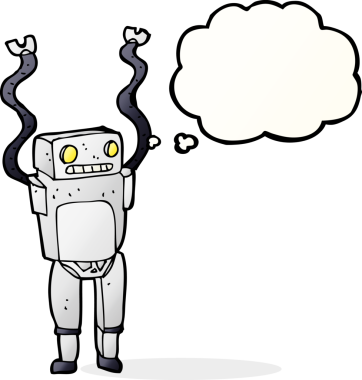 Bir insan tarafından çizilmiş düşünce baloncuklu komik robot.