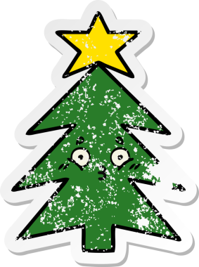 Bir insan tarafından çizilmiş şirin bir karikatür Noel ağacının sıkıntılı çıkartması.