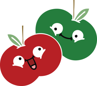 Bir insan tarafından çizilmiş sulu bir elmanın düz renkli retro karikatürü