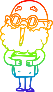 Gökkuşağı gradyan çizgi çizimi bir insan tarafından çizilmiş sakallı ve kitaplı neşeli bir adamın çizimi