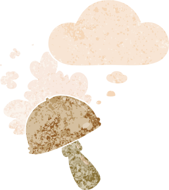 Spor bulutlu çizgi film mantarı. Grunge 'da düşünce baloncuğu var. İnsan tarafından çizilmiş eskimiş desenli.