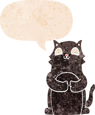 grunge 'da konuşma balonu olan çizgi film kedisi bir insan tarafından çizilmiş dertli retro desenli