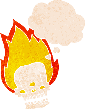 Korkunç çizgi film alevli kafatası grunge sıkıntılı retro dokuma bir insan tarafından çizilen düşünce balonu