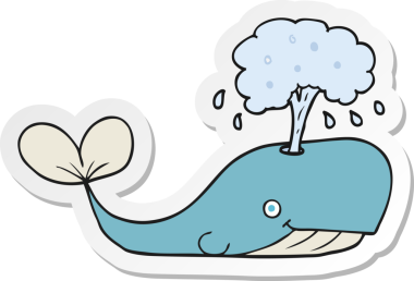 Bir insan tarafından çizilmiş su püskürten bir karikatür balinasının etiketi.