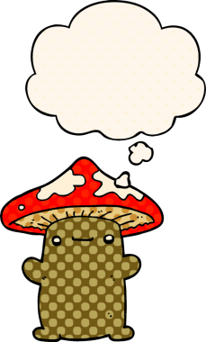 Çizgi roman tarzında bir insan tarafından çizilmiş düşünce baloncuklu mantar.