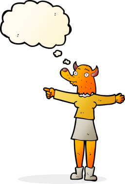 Bir insan tarafından çizilmiş düşünce balonlu tilki kadın çizgi filmi.