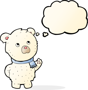 Bir insan tarafından çizilmiş düşünce baloncuklu şirin kutup ayısı.