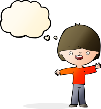 Bir insan tarafından çizilmiş düşünce balonu olan mutlu çocuk çizgi filmi.