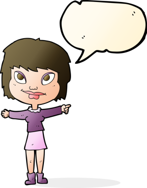 Bir insan tarafından çizilmiş bir konuşma balonuyla işaret eden çizgi film kadını.