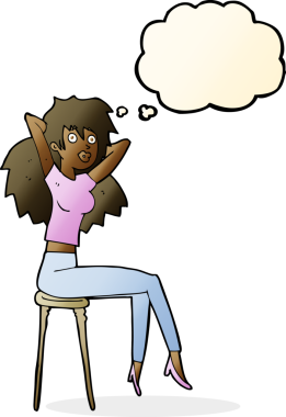 Bir insan tarafından çizilmiş düşünce baloncuğuyla tabureye poz veren çizgi film kadını.