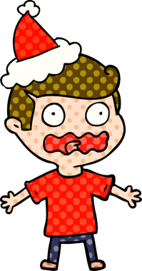 Bir insan tarafından çizilmiş Noel Baba şapkası giyen bir adamın el çizimi çizgi roman tarzı çizimi.