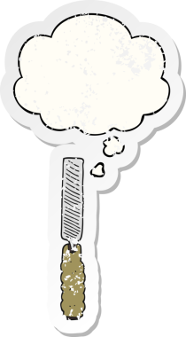 İnsan tarafından çizilmiş sıkıntılı bir çıkartma olarak düşünce baloncuğu olan metal bir çizgi film dosyası