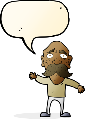 Bir insan tarafından çizilmiş konuşma balonu olan endişeli yaşlı bir adam.