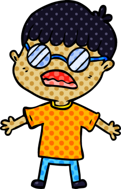 Bir insan tarafından çizilmiş gözlük takan çizgi film çocuğu.