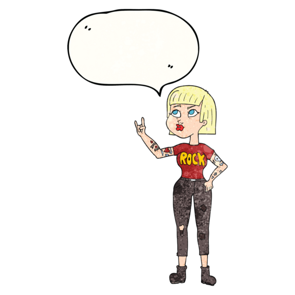 Serbest konuşma balonu bir insan tarafından çizilmiş karikatür rock kızı.