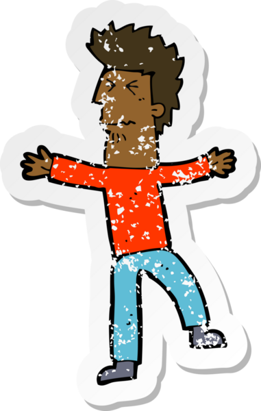 Bir çizgi filmin gerilimli retro yapıştırması bir insan tarafından çizilmiş stresli bir adam