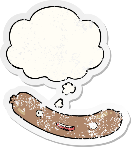 Düşünce baloncuklu çizgi film sosisi insan tarafından çizilmiş yıpranmış bir çıkartma gibi.
