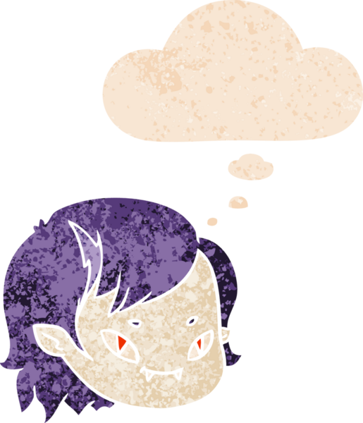 Düşünce baloncuklu çizgi vampir kız yüzü bir insan tarafından çizilmiş dertli retro stil