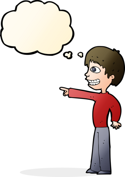 Bir insan tarafından çizilmiş düşünce balonuyla işaret eden sırıtan çocuk.