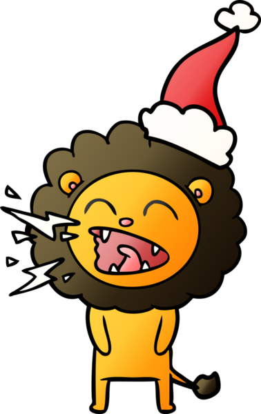 Bir insan tarafından çizilmiş Noel Baba şapkası giyen kükreyen bir aslanın el çizimi karikatürü.