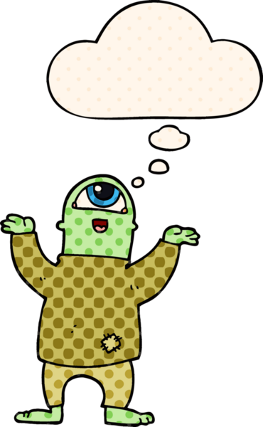 Karikatür cadılar bayramı canavarı. Bir insan tarafından çizilmiş çizgi roman tarzı bir düşünce balonu.