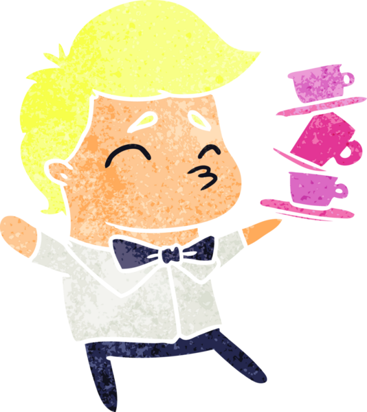 Bir insan tarafından çizilmiş sevimli bir garsonun eski çizgi film çizimi.